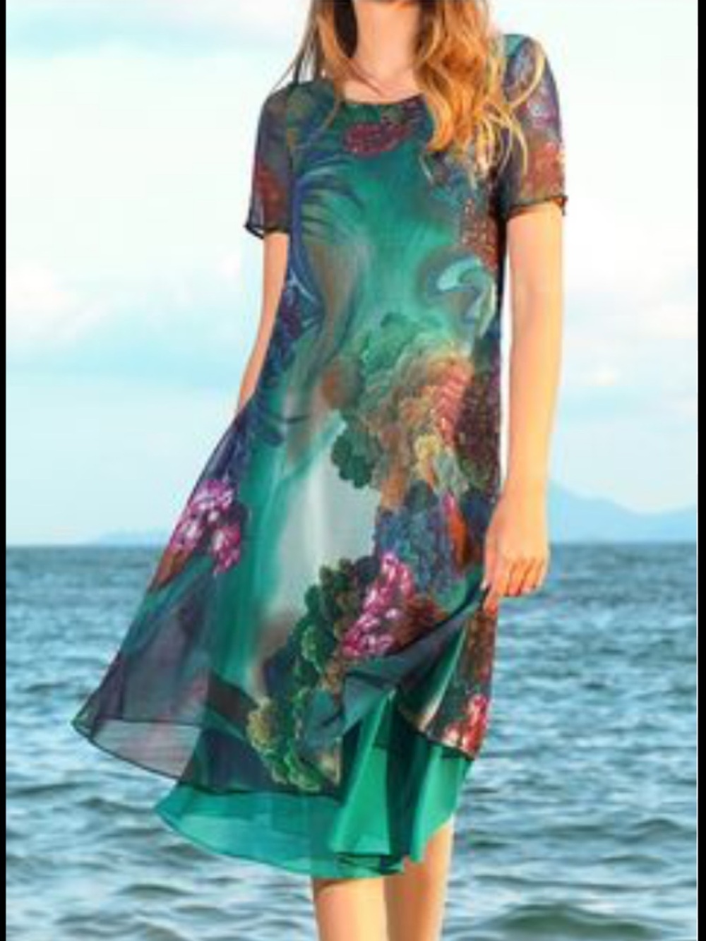 Floryday Floral Chiffon Dress with Short Sleeves Large Art to Wear